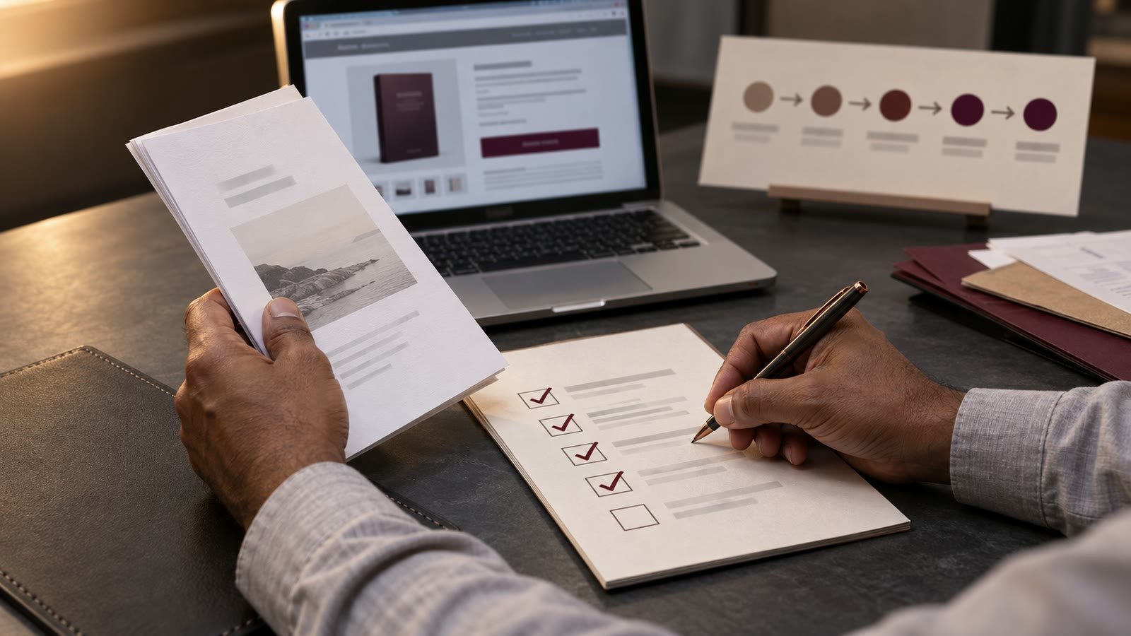 A creator checks a report and launch checklist beside a simple purchase page.