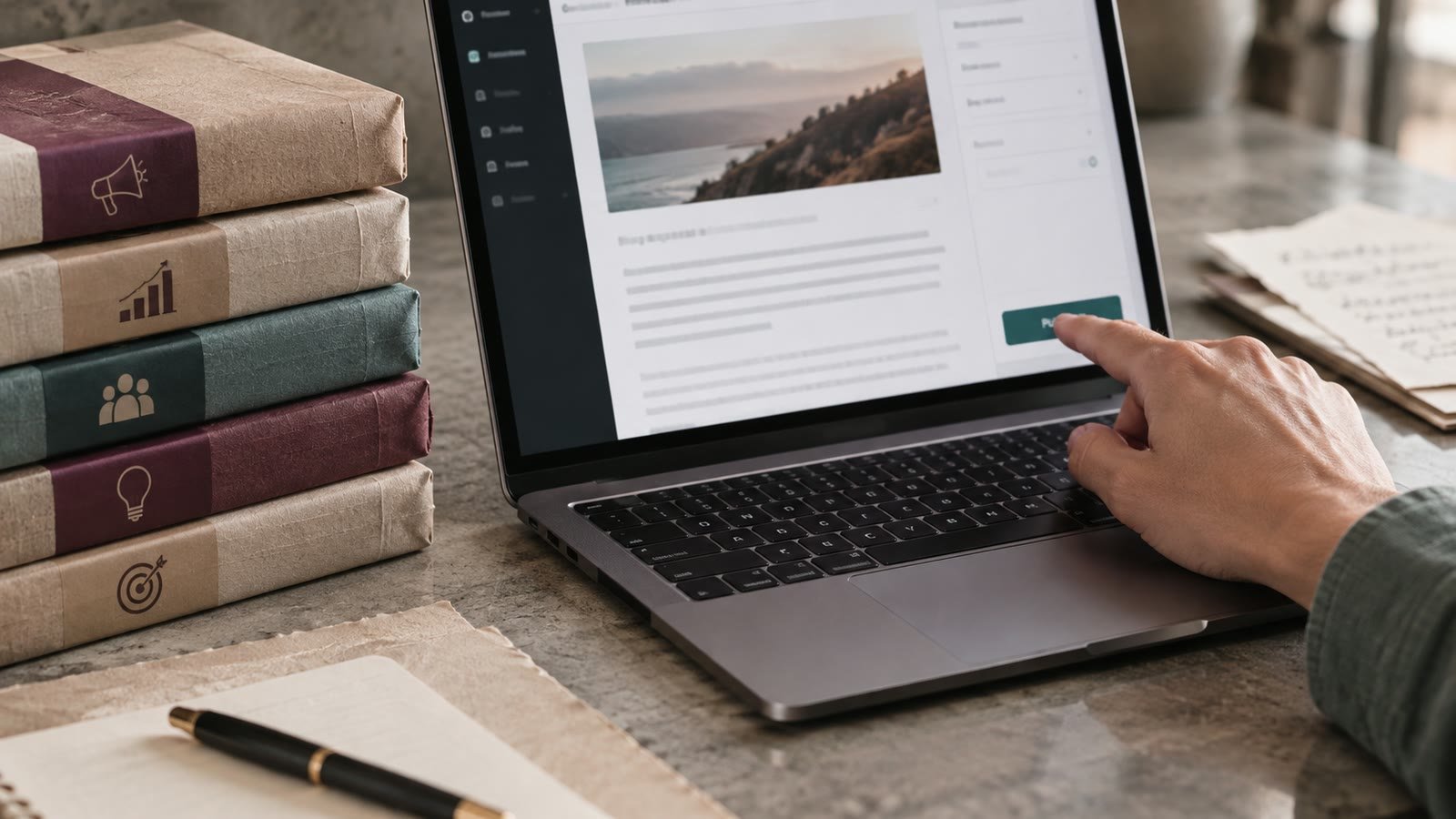 A blogger publishes a completed article beside unopened marketing guides.