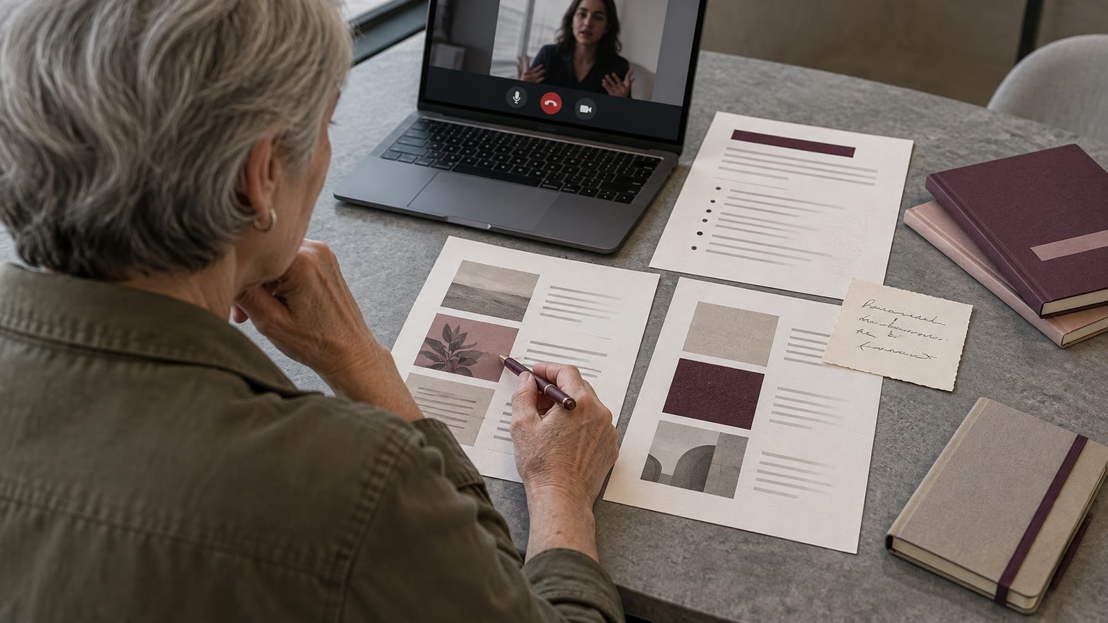 A business owner discusses a recommendation on a video call while comparing freelancer samples.