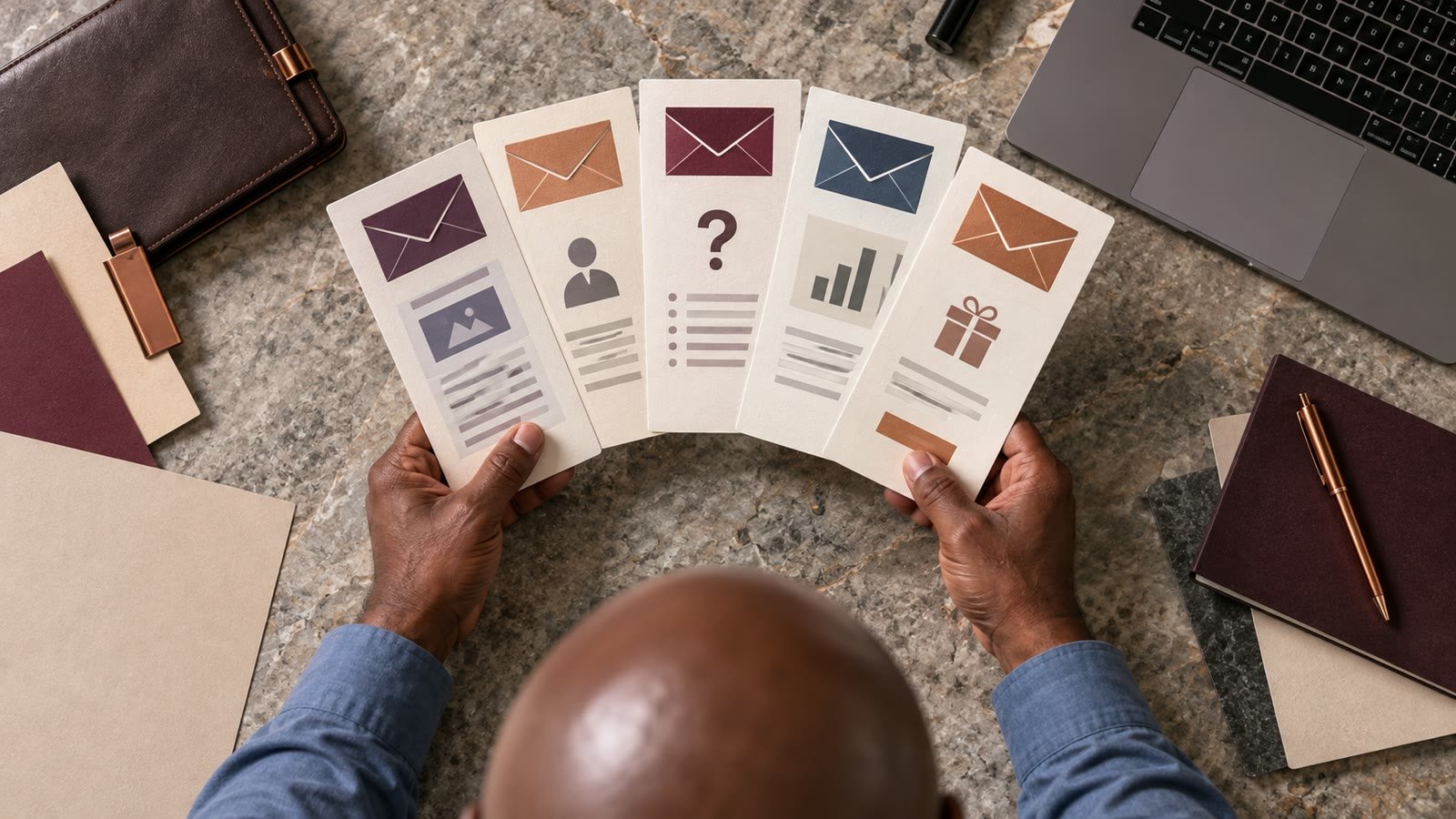 A marketer plans varied emails using a post, question, report and offer.