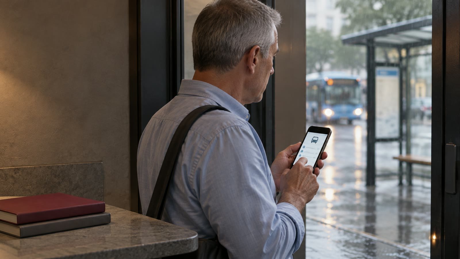 A commuter checks a bus-arrival app from a sheltered doorway before stepping into the rain.