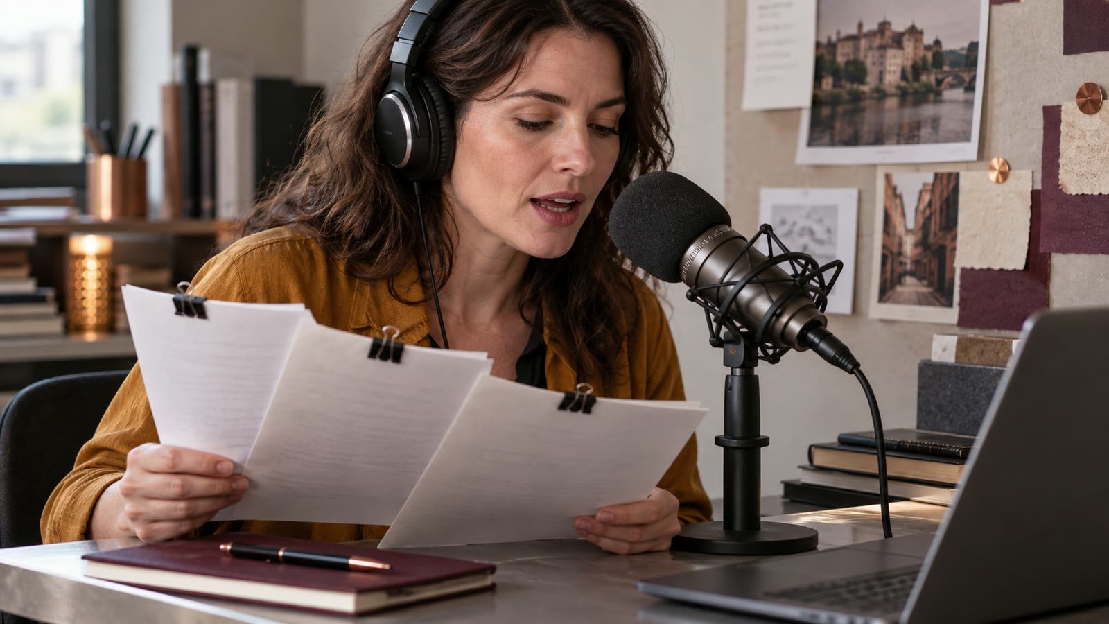 A presenter records a podcast from three prepared article scripts.