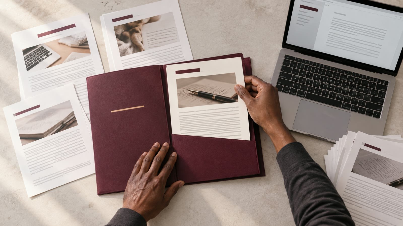 A writer selects a sample article for a portfolio folder.
