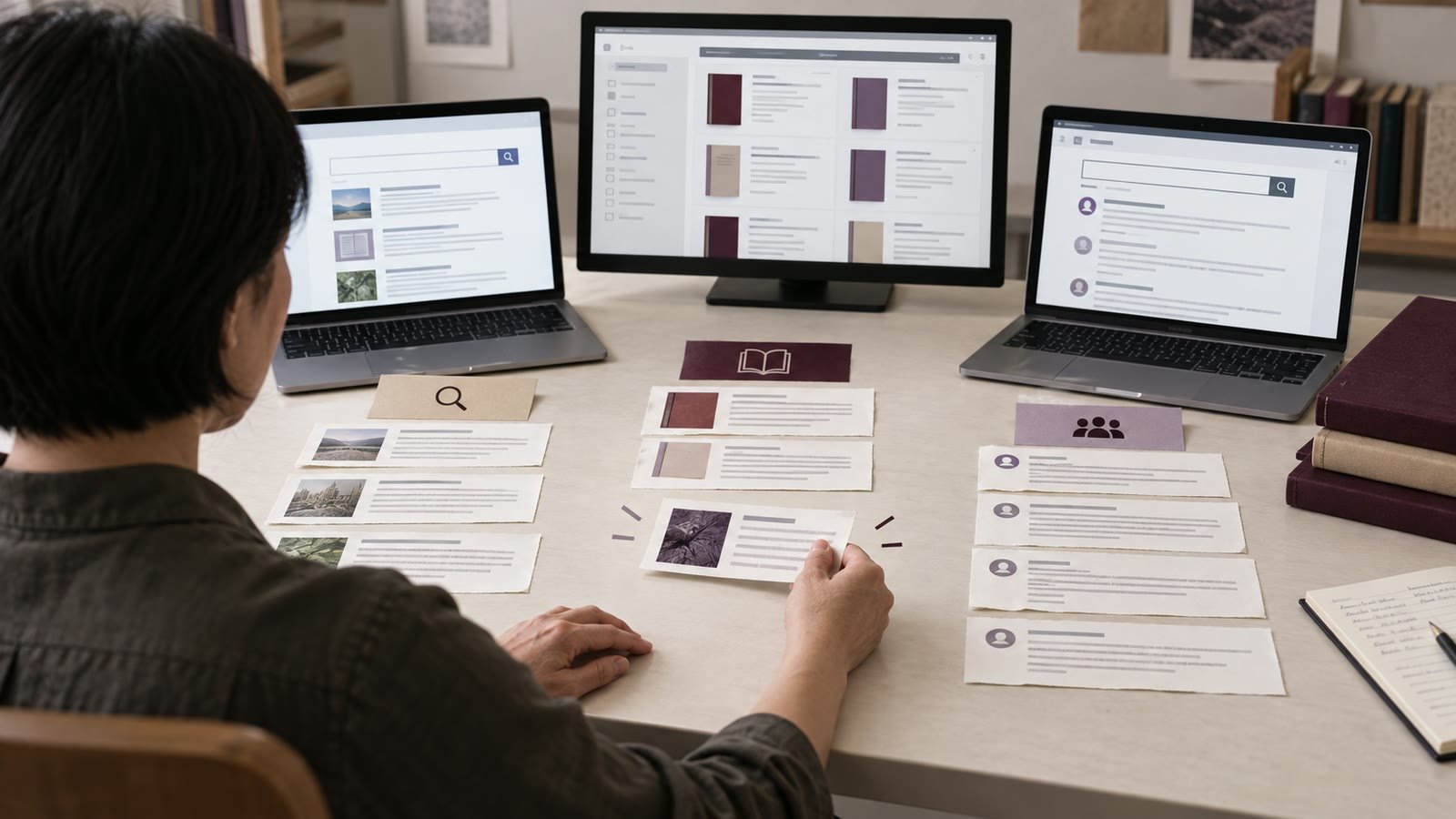 A researcher compares web results, a reference catalogue and a discussion forum before choosing a source.