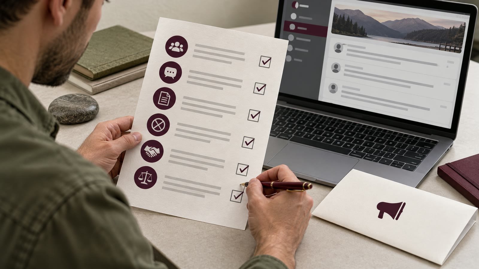 A marketer checks a forum rules sheet beside a community discussion and an advertising draft.