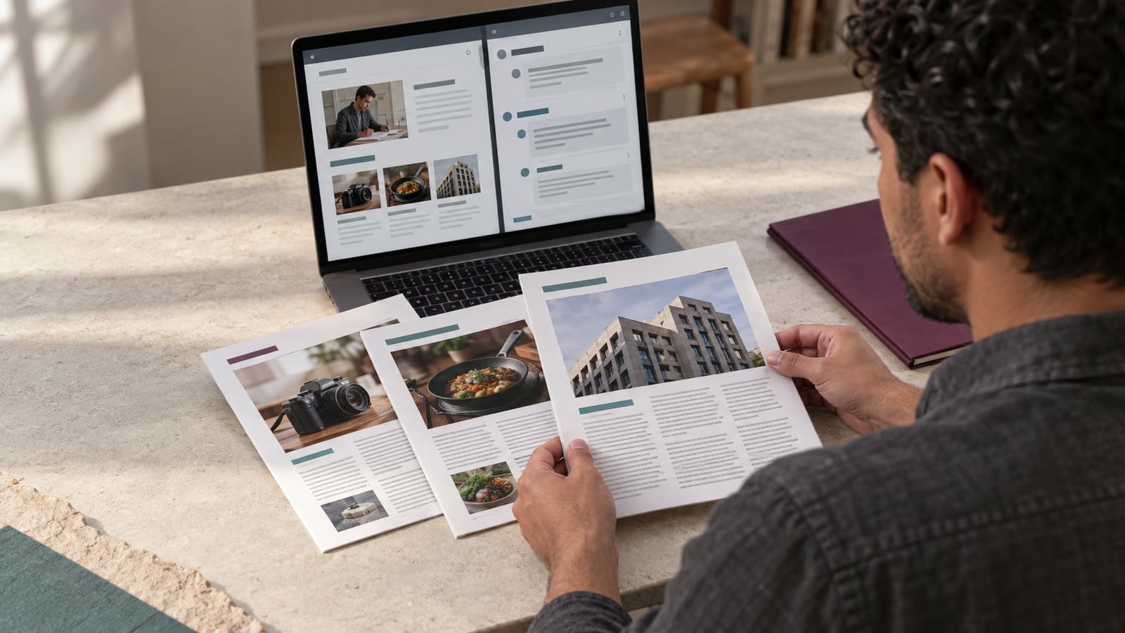 A writer arranges three article samples beside a portfolio and forum discussion.