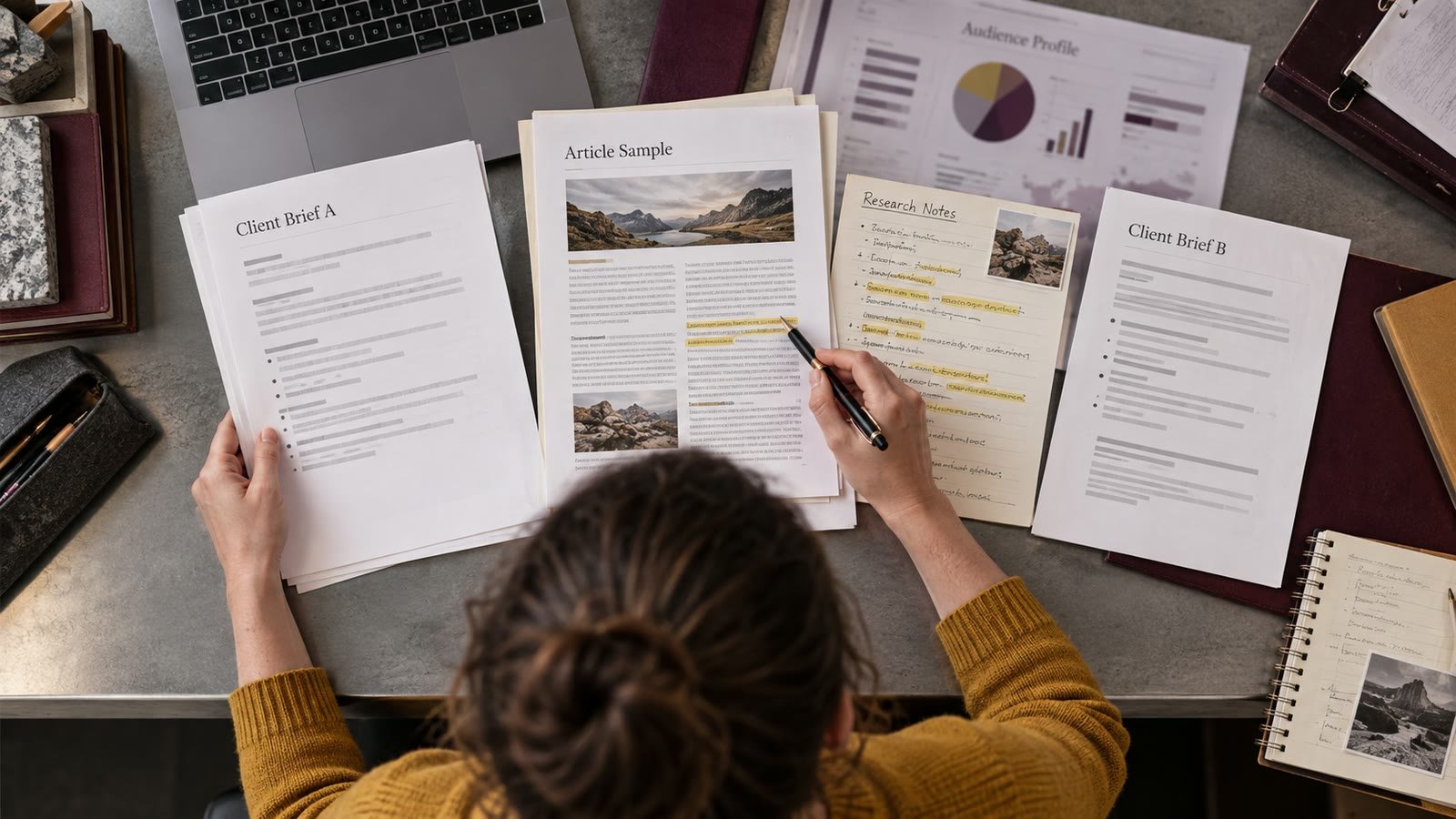 A writer matches a researched sample to two contrasting client briefs.