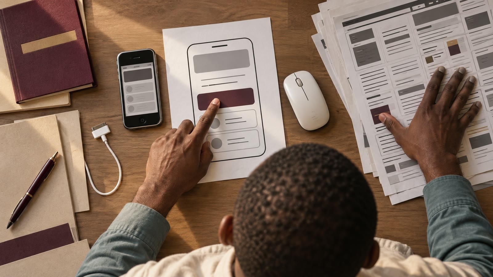An app designer tests a large paper touch target beside an older smartphone and a crowded desktop layout.