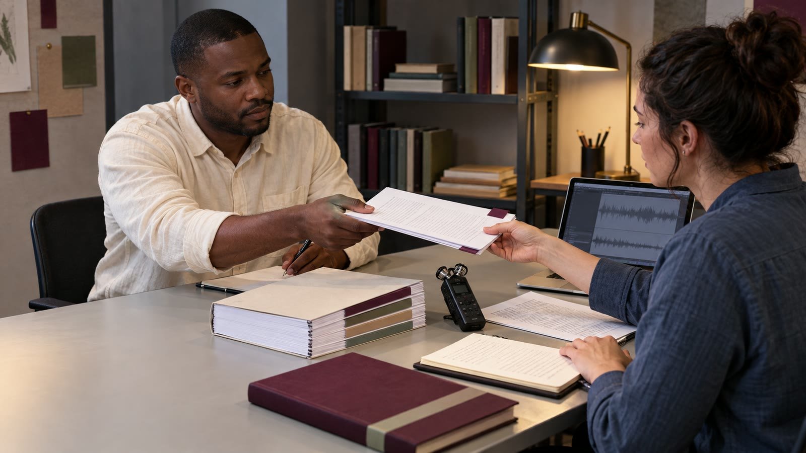 Two collaborators exchange a book chapter beside recorded-interview notes.