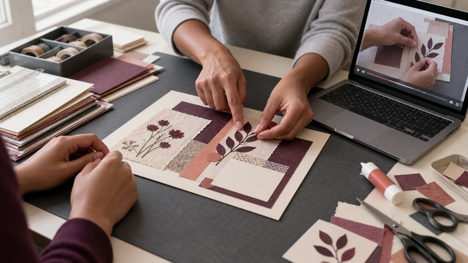 A scrapbooker demonstrates a page-making technique to a learner beside an online tutorial.