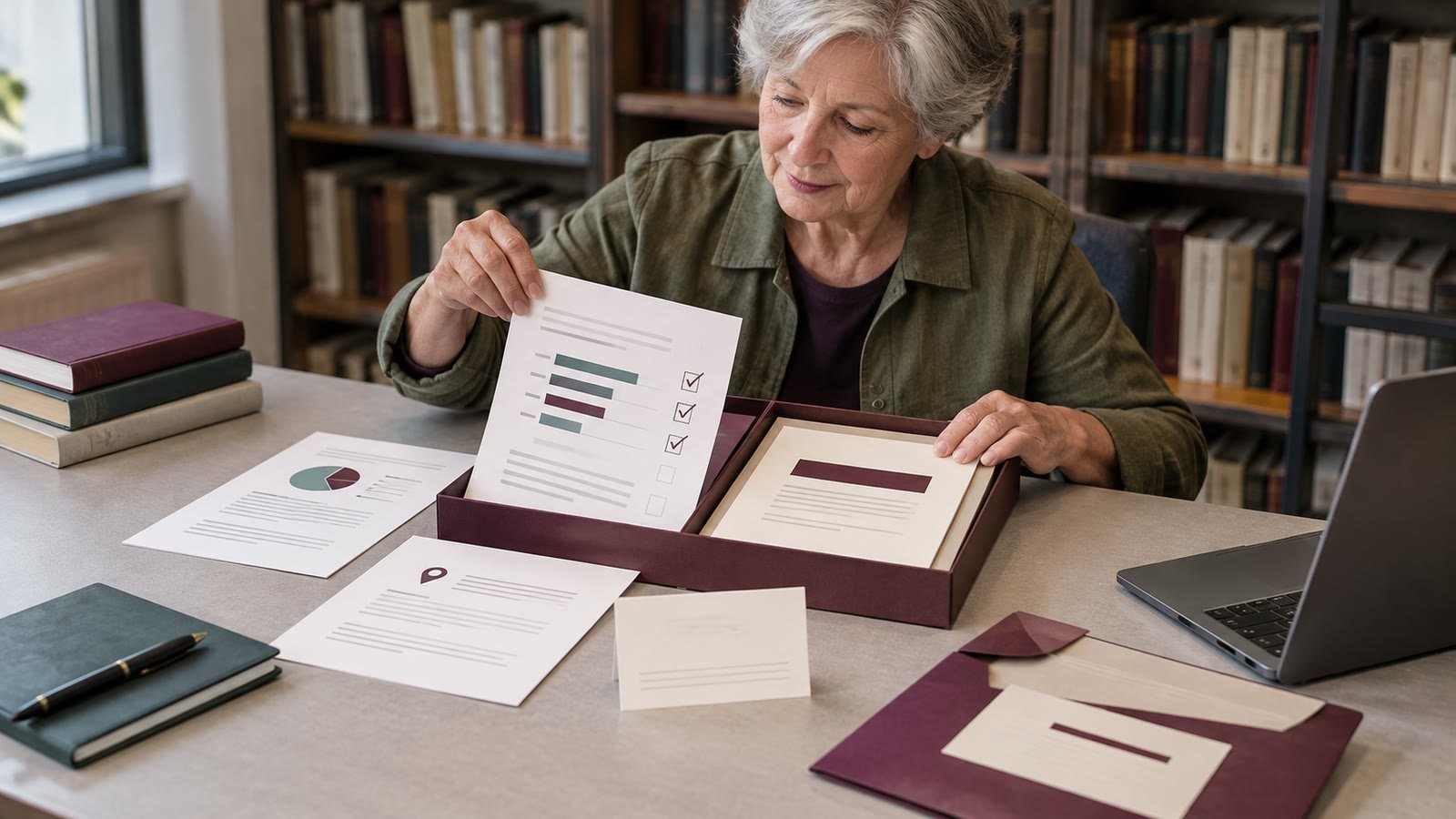 A specialist checks a survey worksheet before adding it to a press pack.