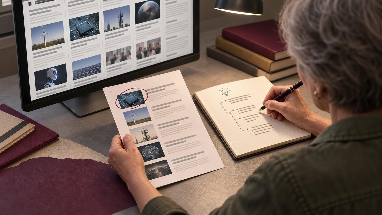 A writer selects a technology story from a web aggregator and develops an original outline in a notebook.
