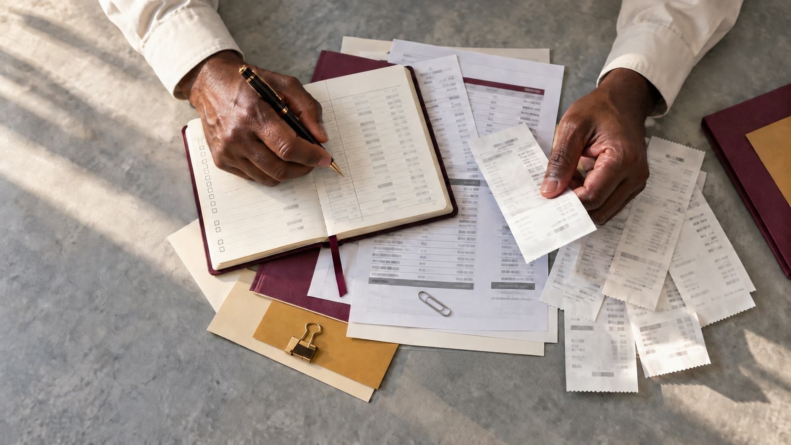 Hands compare a small product-launch ledger with receipts and buyer records.