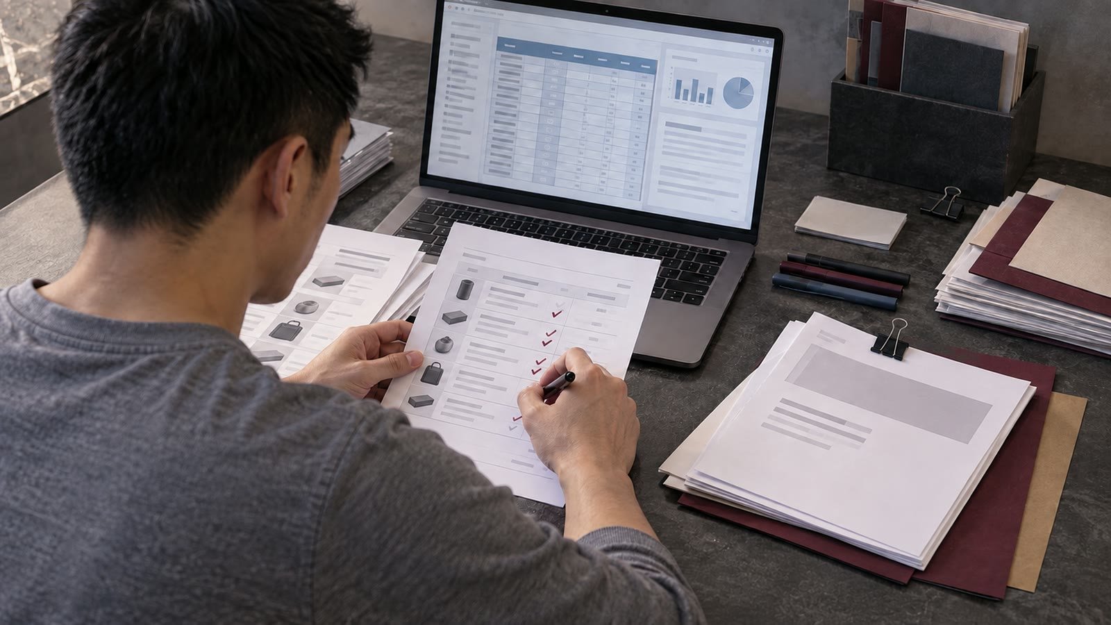 A researcher checks a product spreadsheet and assembles a ready-to-deliver research packet.