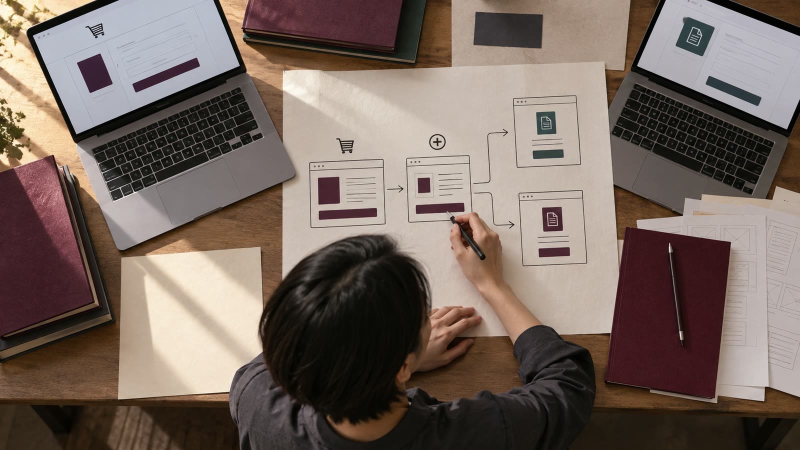A developer reviews purchase, optional-offer and download routes on a paper plan.