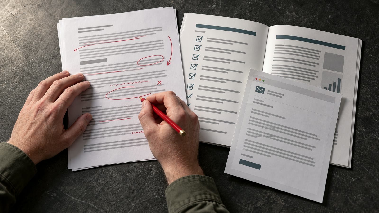 A creator checks sales-copy promises against the contents of a finished report.