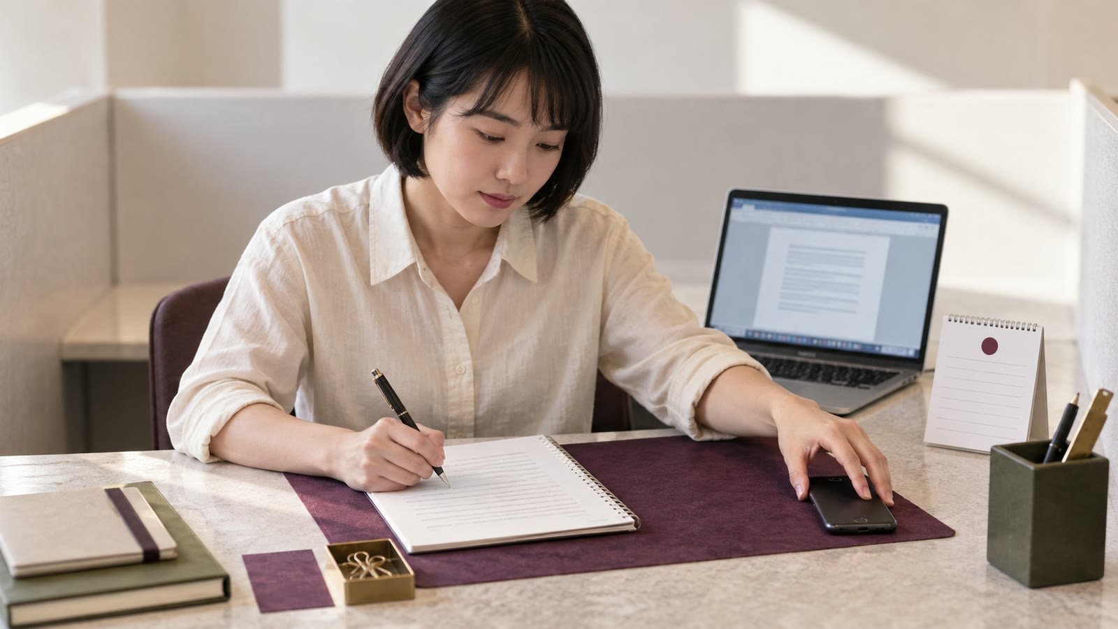 A writer sets her phone aside and concentrates on one writing task.