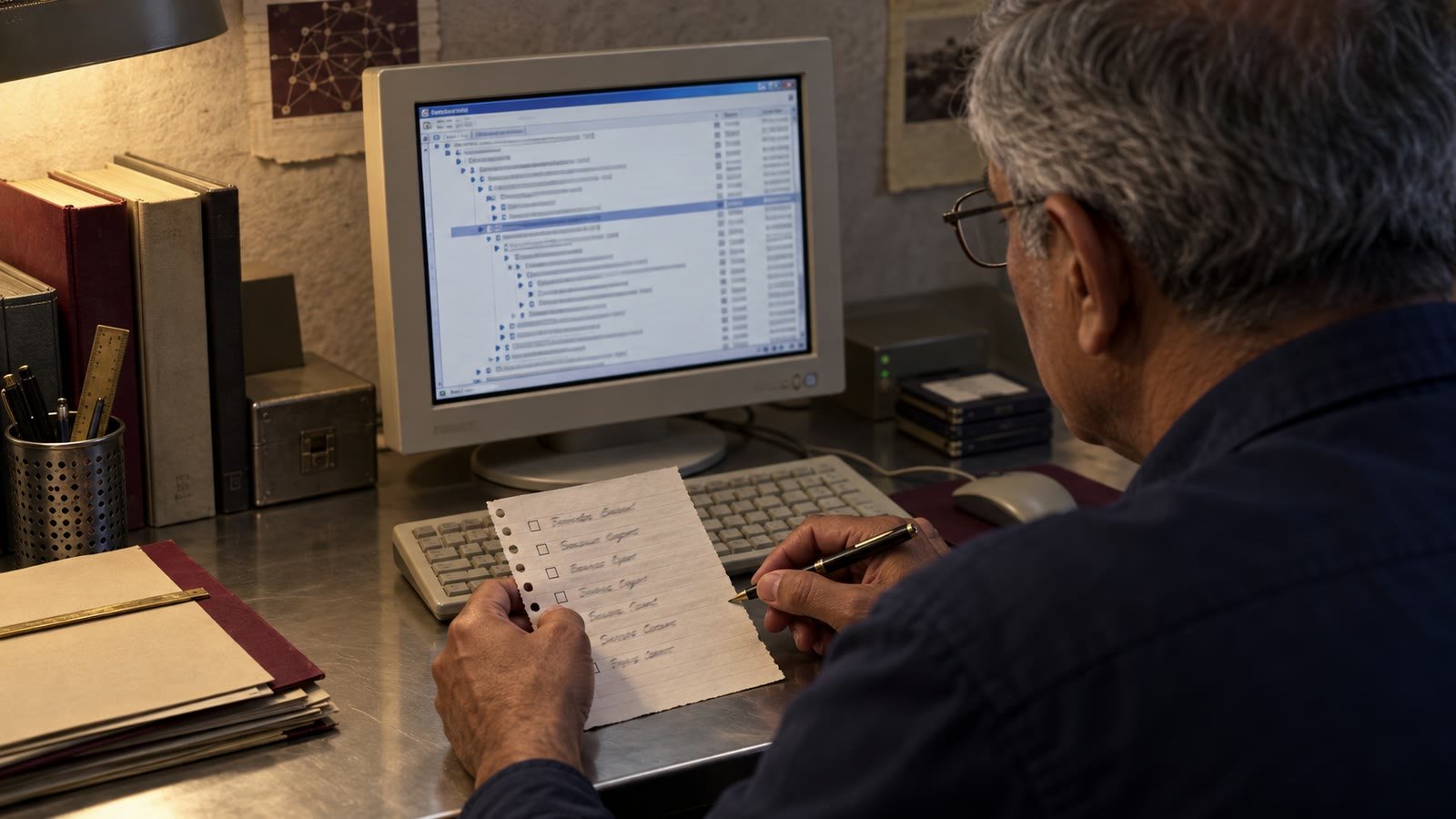 A researcher checks the activity of niche discussion groups on an older computer.
