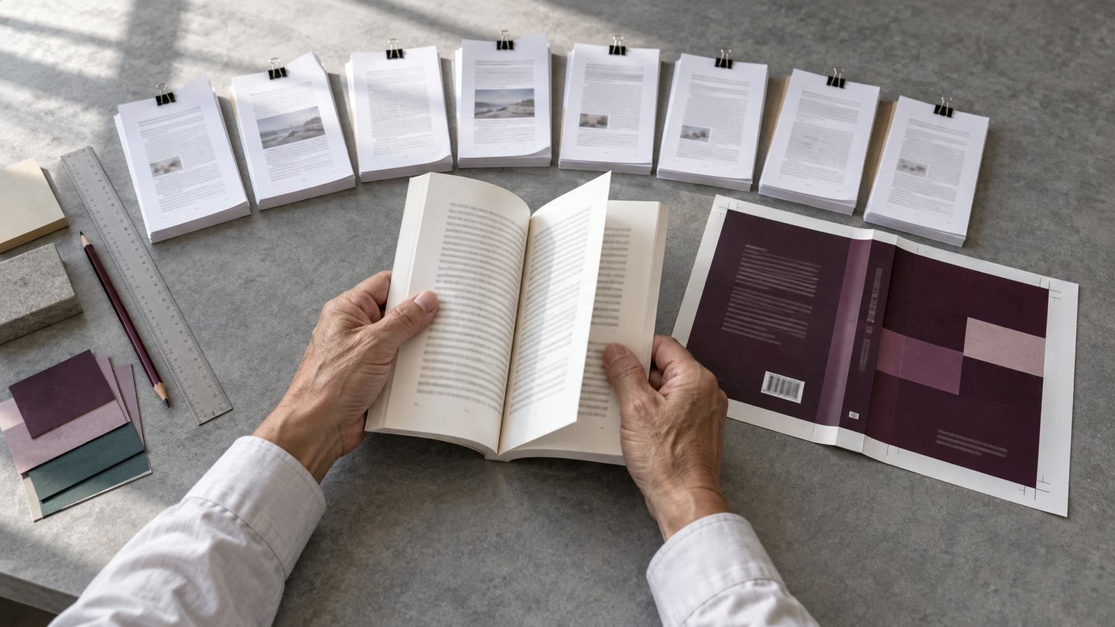 Hands inspect a paperback proof beside grouped blog articles and a wraparound cover proof.
