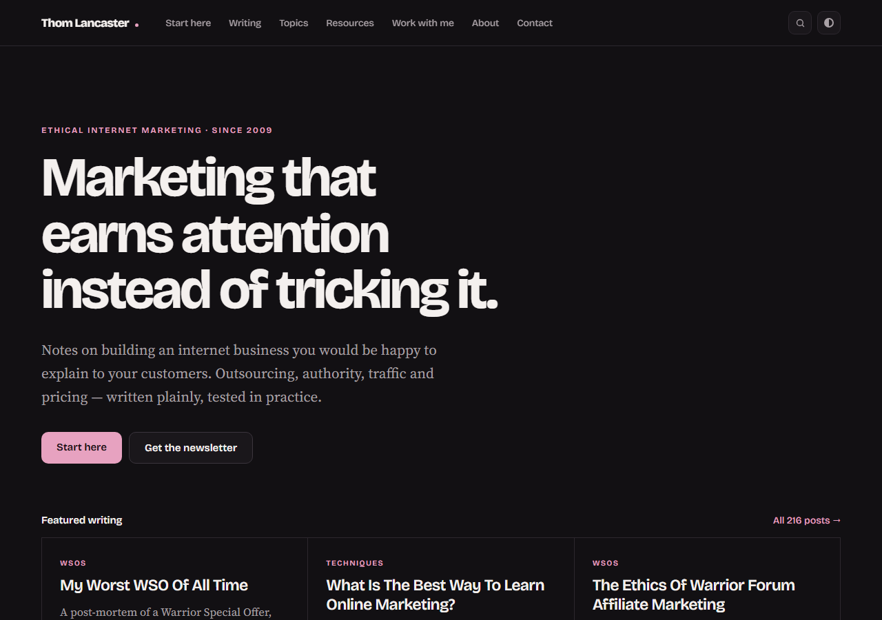 The new static homepage in dark mode